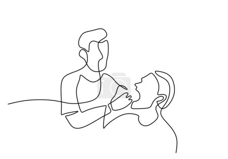 Ilustración de Dibujo de línea continua única del dentista que examina la condición de los dientes del paciente y hace el relleno dental. - Imagen libre de derechos