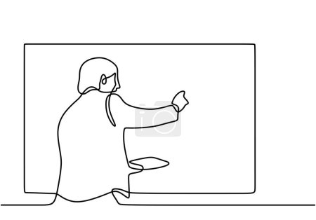 Illustration for Teacher giving a lesson in from of the class behind the blackboard. continuous line drawing of business presentation. Business trainer talking - Royalty Free Image