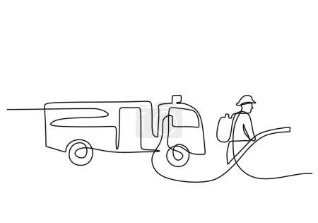 Téléchargez les illustrations : Un dessin en ligne continu du pompier devant le camion de pompier. - en licence libre de droit