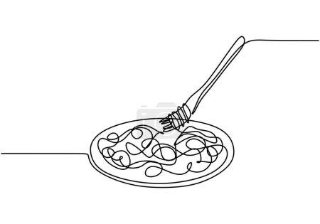 Illustration for Single continuous line drawing of delicious spaghetti noodle with fork - Royalty Free Image