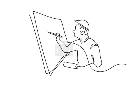 Ilustración de Artista masculino dibujo sobre lienzo en blanco en un vector de línea continua. Mano dibujada aislada sobre fondo blanco línea de arte. - Imagen libre de derechos