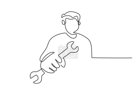 Illustration for Single continuous line drawing mechanic holding the wrench works - Royalty Free Image