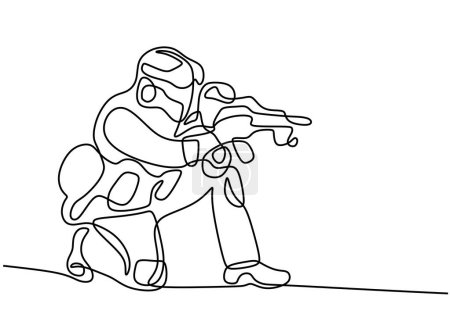 Ilustración de Soldado esquivado con el arma en una ilustración vectorial estilo línea. Una línea continua arte dibujo fondo, pancarta, cartel. - Imagen libre de derechos