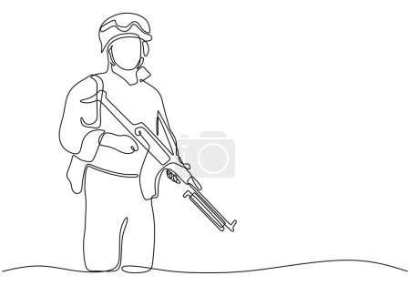 Téléchargez les illustrations : Dessin continu d'une seule ligne de soldat avec arme - en licence libre de droit
