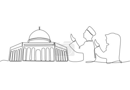 Illustration for Continuous line, one-line, man woman muslim praying and mosque - Royalty Free Image