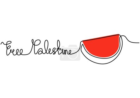 Free Palestine words and watermelon in continuous one line art drawing style. Palestine solidarity one line drawing