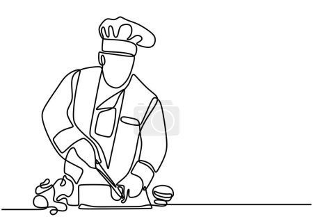 Téléchargez les illustrations : Un dessin continu de ligne unique de chef coupant la nourriture - en licence libre de droit