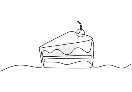 Illustration for One line drawing of cheesecake with cherries. Hand drawn piece of cake - Royalty Free Image