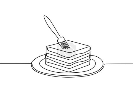 Illustration for One line drawing of cheesecake with fork. Hand drawn piece of cake - Royalty Free Image