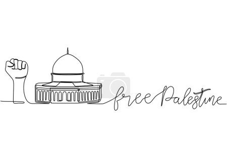 Illustration for One continuous line drawing of mosque and free Palestine word - Royalty Free Image