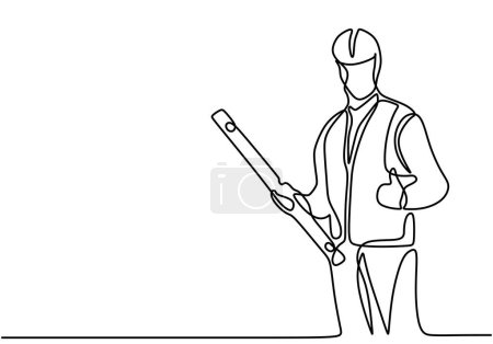 Illustration for Single continuous line drawing of young male architect holding blueprint paper pose. Professional work job occupation. Minimalism concept one line draw graphic design vector illustration - Royalty Free Image