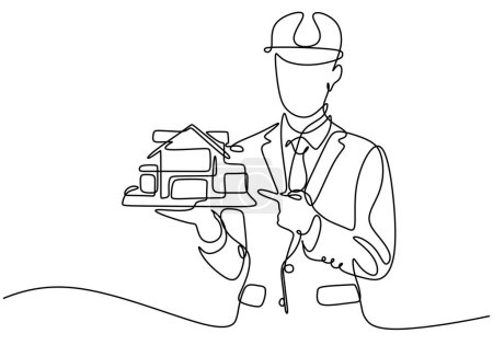 Illustration for One continuous line drawing of architect manager bring house sample. - Royalty Free Image