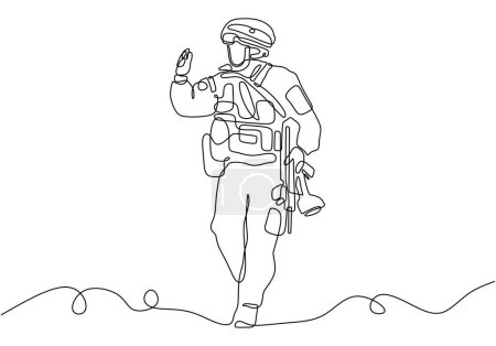 Ilustración de Dibujo continuo de una sola línea de soldado con arma - Imagen libre de derechos