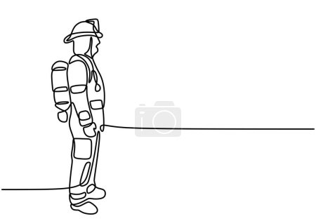 Ilustración de Dibujo de línea continua de bombero completamente vestido con martillo de hacha. - Imagen libre de derechos