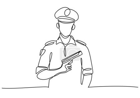 Téléchargez les illustrations : Une ligne de dessin continue Uniforme Homme policier apporter pistolet. - en licence libre de droit