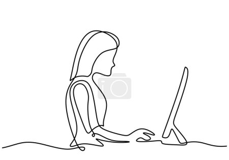 Téléchargez les illustrations : Femme devant ordinateur portable dans un style de dessin de ligne continue - en licence libre de droit