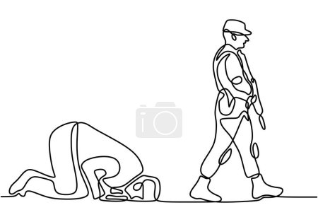 Man prostrate and soldier in one line continuous line Ramadan Kareem and Eid Mubarak greeting cards vector illustration religion