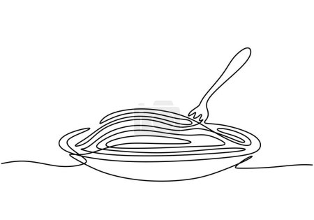 Téléchargez les illustrations : Dessin à ligne continue unique de délicieuses nouilles spaghetti avec fourchette - en licence libre de droit