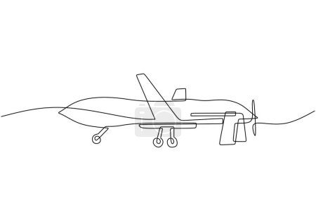 Illustration for One single line drawing of flying drone airplane, unmanned plane - Royalty Free Image