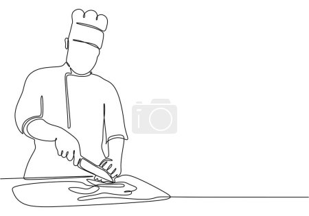Illustration for Continuous one-line drawing chef man putting spices into a plate in the kitchen. Kitchen activity concept. Single line drawing design graphic vector illustration - Royalty Free Image