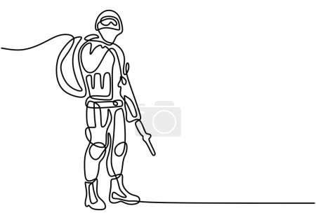 Téléchargez les illustrations : Soldat debout avec arme et sac dans une illustration vectorielle de style ligne. Un dessin en ligne continu fond, bannière, affiche. - en licence libre de droit