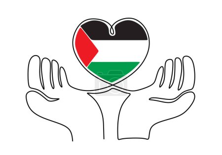 Palestine love symbol on two hands in continuous one line art drawing style. Palestine solidarity one line drawing.