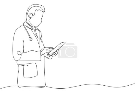 Illustration for One line vector drawing of hospital doctor standing holding patient papers. - Royalty Free Image