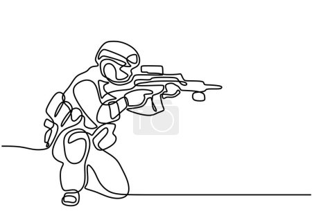 Téléchargez les illustrations : Soldat canardé avec une arme dans une illustration vectorielle de style ligne. Un dessin en ligne continu fond, bannière, affiche. - en licence libre de droit