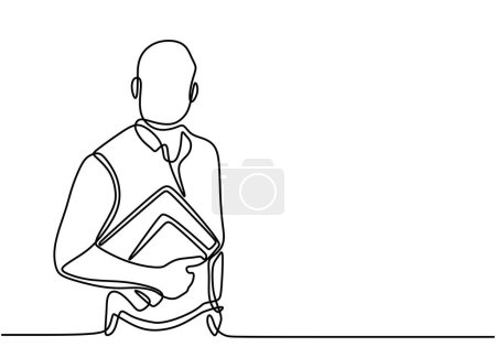 Illustration for Businessman bring paper documents in one line art style. Continuous line vector illustration. - Royalty Free Image