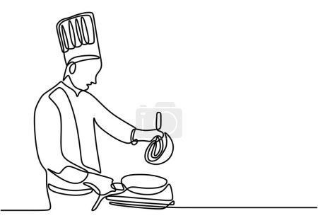 Illustration for One Continuous single line drawing of chef cooking - Royalty Free Image