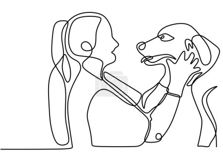 Ilustración de Línea continua de dibujo de mujer feliz amante de mascotas con perro - Imagen libre de derechos
