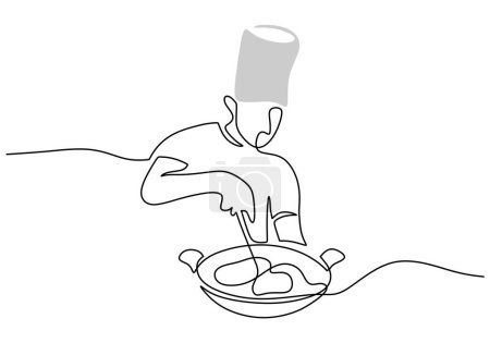 Illustration for One continuous line drawing of chef cooking food in the kitchen. - Royalty Free Image