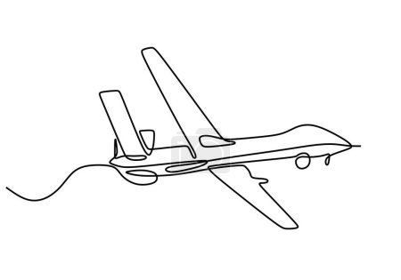 Téléchargez les illustrations : Un dessin en une seule ligne d'un avion drone volant, avion sans pilote - en licence libre de droit