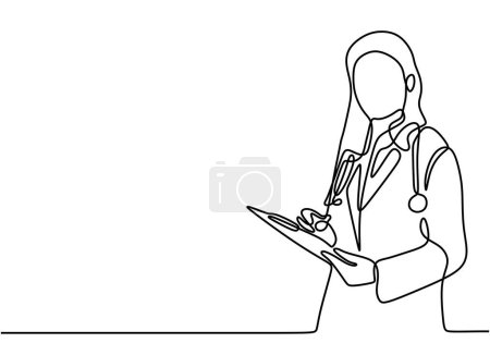 Illustration for One line vector drawing of female doctor standing holding patient papers and stethoscope. - Royalty Free Image
