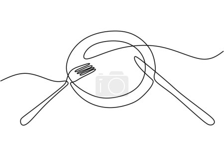 One continuous line plate, knife and fork vector illustration