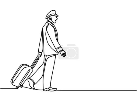 Téléchargez les illustrations : Pilot apporter valise dans un style de dessin en ligne continue. - en licence libre de droit