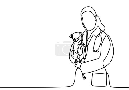 Ilustración de Una sola línea de dibujo de veterinario macho traer y cuidar de un perro enfermo - Imagen libre de derechos