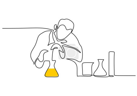 Téléchargez les illustrations : Un dessin linéaire continu des substances chimiques ajoutées par les scientifiques pour la recherche - en licence libre de droit