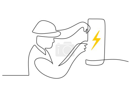 one line vector drawing of an electrical worker checking panel