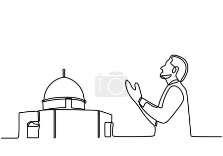 Téléchargez les illustrations : Une silhouette continue à une ligne tracée d'une prière islamique et un symbole de la mosquée de foi. Le concept d'image religieuse d'un musulman. - en licence libre de droit