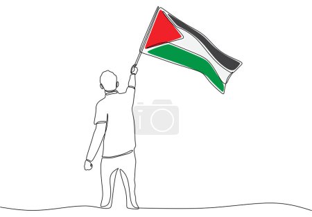 Un dessin linéaire continu de l'homme tient le drapeau palestinien