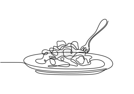 Téléchargez les illustrations : Dessin à ligne continue unique de délicieuses nouilles spaghetti avec fourchette. Délicieux frais spaghetti italien concept de restaurant de pâtes. - en licence libre de droit