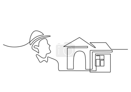 Illustration for One continuous line drawing of young engineer manager controlling the construction of building. Building architecture business concept. Single line draw vector graphic design illustration - Royalty Free Image