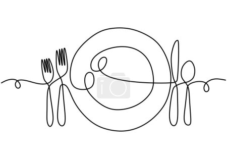 Illustration for One continuous single line drawing of plate, spoon, fork and knife - Royalty Free Image