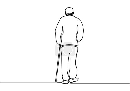 Illustration for Old man walking with a cane in one continuous single line drawing. Vector illustration minimalist lineart design. - Royalty Free Image
