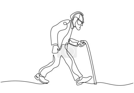 Téléchargez les illustrations : Vieil homme marchant avec une canne dans un dessin continu à une ligne. Illustration vectorielle design linéaire minimaliste. - en licence libre de droit