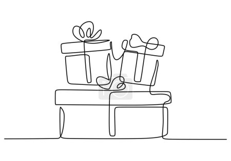 Téléchargez les illustrations : Boîte cadeau avec ruban et arc. Vecteur continu à une ligne. Coffrets cadeaux dessinés à la main design minimaliste illustration. - en licence libre de droit