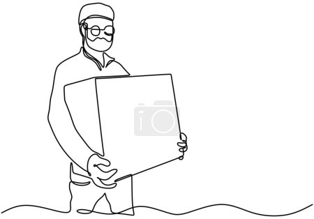 Téléchargez les illustrations : Homme portant une boîte en carton. Journée mondiale de l'humanitaire dessin d'une ligne. Illustration vectorielle design linéaire minimaliste. - en licence libre de droit