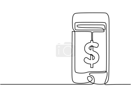 Continuous one line drawing of Smartphone and Electronic money. Single hand drawn minimalist vector illustration. Finance economy concept.