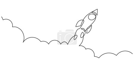 Téléchargez les illustrations : Un dessin en continu du lancement du vaisseau spatial Rocket. Illustration vectorielle de décollage moteur minimaliste. - en licence libre de droit